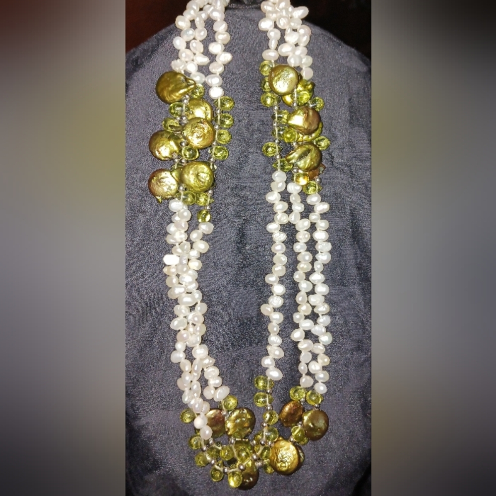 Multi strand Pearl, green button pearl & Crystal bead necklace